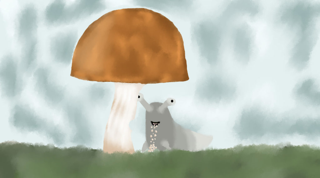 Cartoon slug eating mushroom